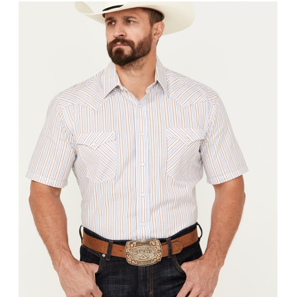 Panhandle Short sleeve Pearl snap
Spread collar
Striped print pattern